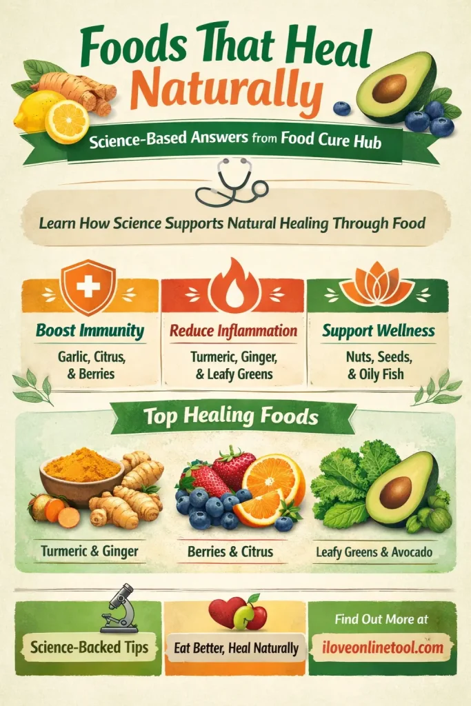 Infographic showing foods that heal naturally, including turmeric, ginger, berries, citrus, leafy greens, avocado, nuts, and seeds, with science-backed benefits for immunity, inflammation, and overall wellness from Food Cure Hub