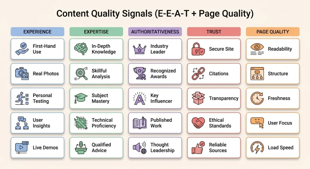 A grid of 25 signal cards organized into Experience, Expertise, Authoritativeness, Trust, and page-quality columns
