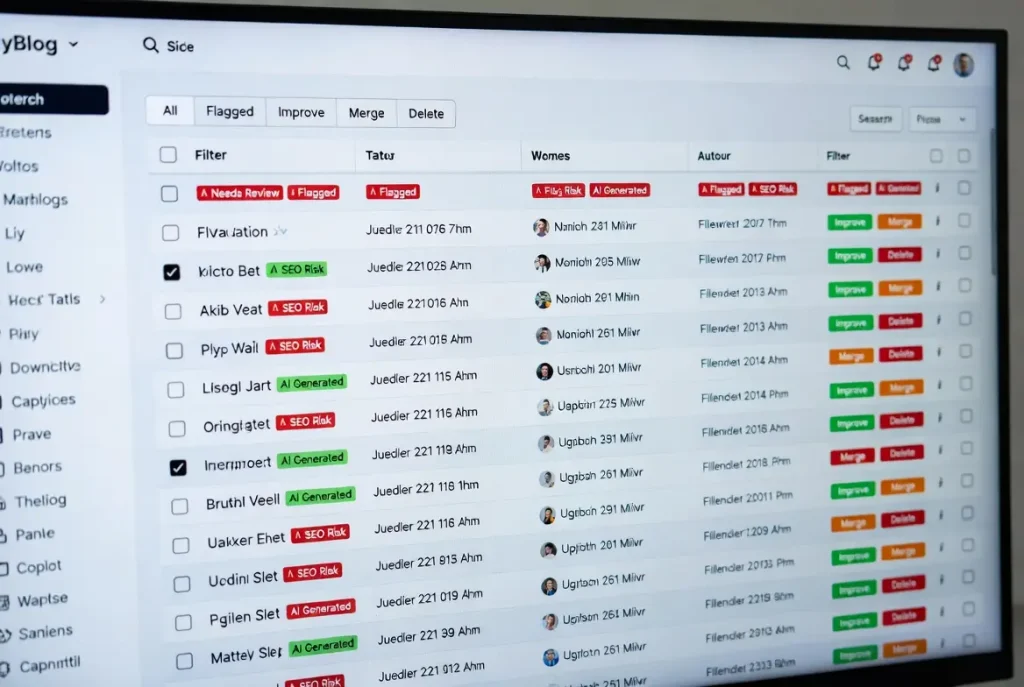 A blog dashboard showing dozens of pages flagged for review, some marked improve, merge, or delete