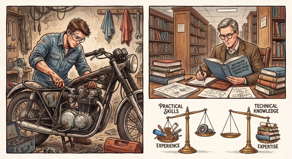 A split illustration contrasting a person doing a task hands-on versus a person studying it in depth