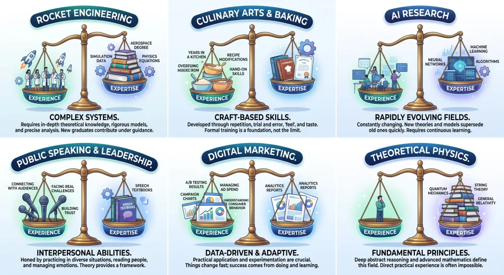A scale weighing experience on one side and expertise on the other, tipping differently for different topic types