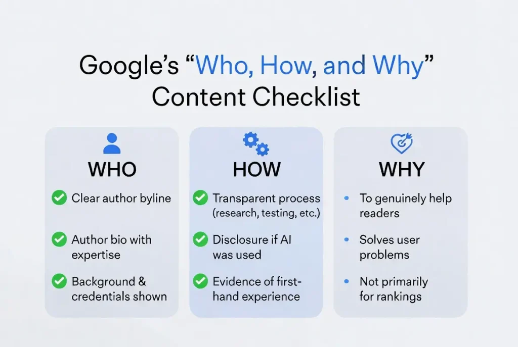 A simple three-column checklist showing Who, How, and Why with example answers
