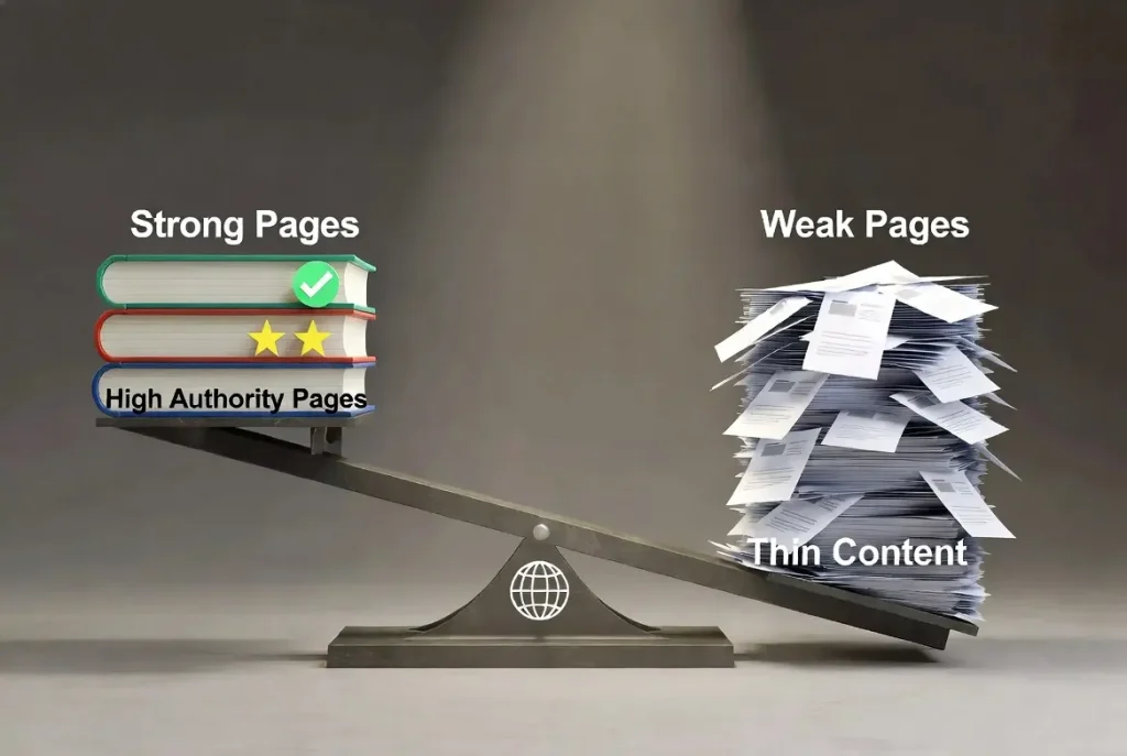 Thin Content SEO - A scale showing a few strong pages outweighed by a large pile of thin pages dragging a site down