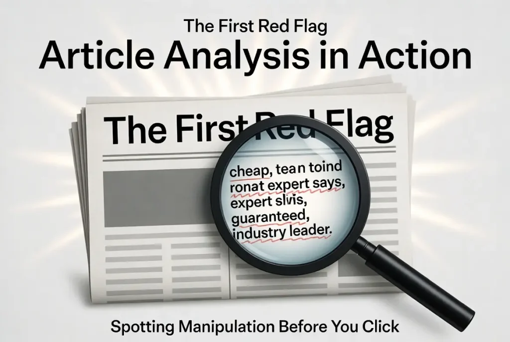 A magnifying glass hovering over an article, highlighting red-flag phrases