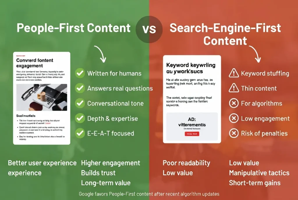 A side-by-side of people-first content versus search-engine-first content with the differences highlighted
