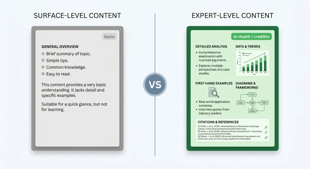 E-E-A-T signals list - A simple comparison showing surface-level content beside expert-level content on the same topic
