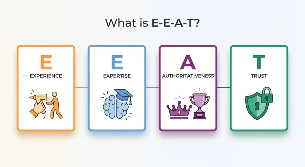 A clean infographic spelling out the four letters of E-E-A-T with simple icons for each