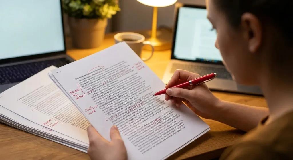 A blogger reviewing a printed article with a red pen, a few sections circled