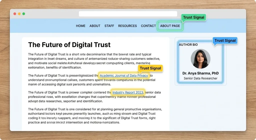 A website dashboard with an author bio, about page, and source links highlighted as trust signals
