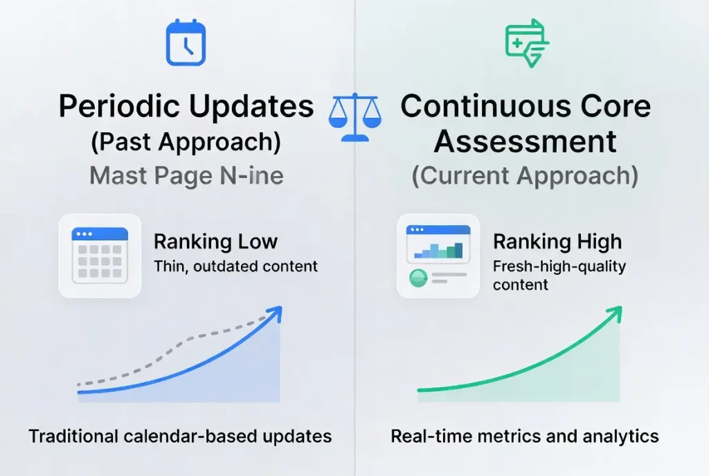 A before-and-after comparison of periodic updates versus continuous core assessment]