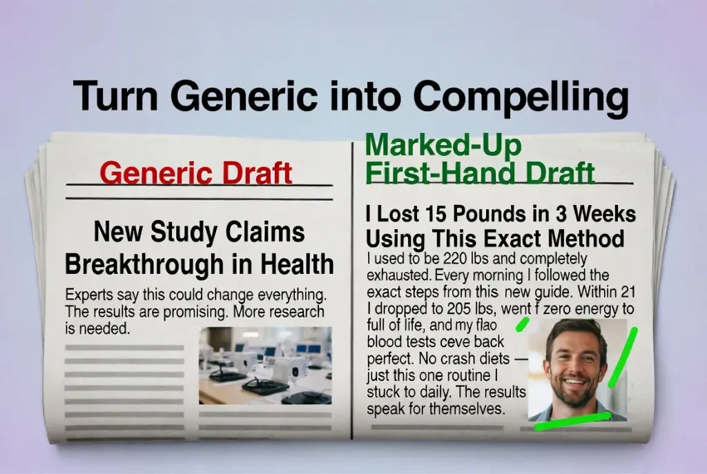 Two article drafts side by side, one generic and one marked up with personal, first-hand detail