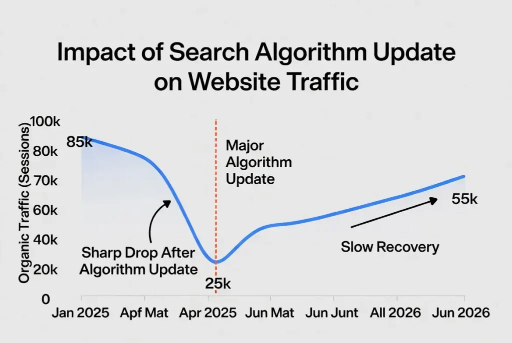 A traffic graph dropping sharply after an algorithm update, then slowly recovering