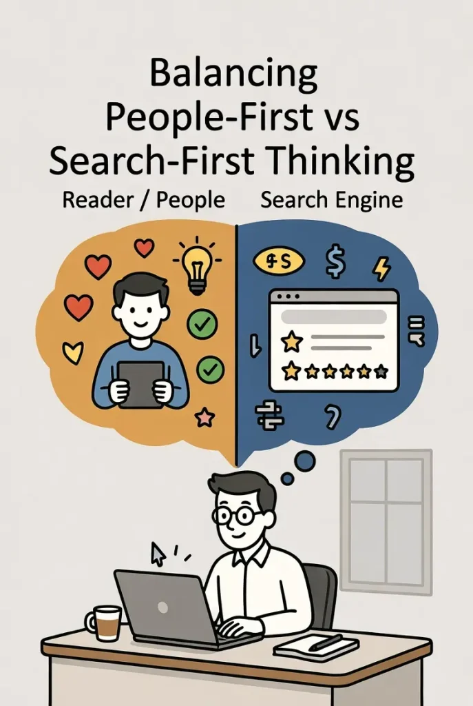 A writer at a desk with a thought bubble split between a reader and a search engine